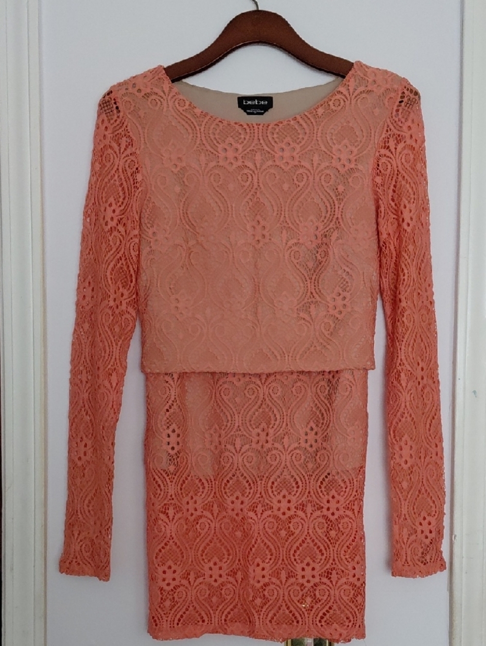 Lace Long Sleeve Mini Dress - Coral Peach